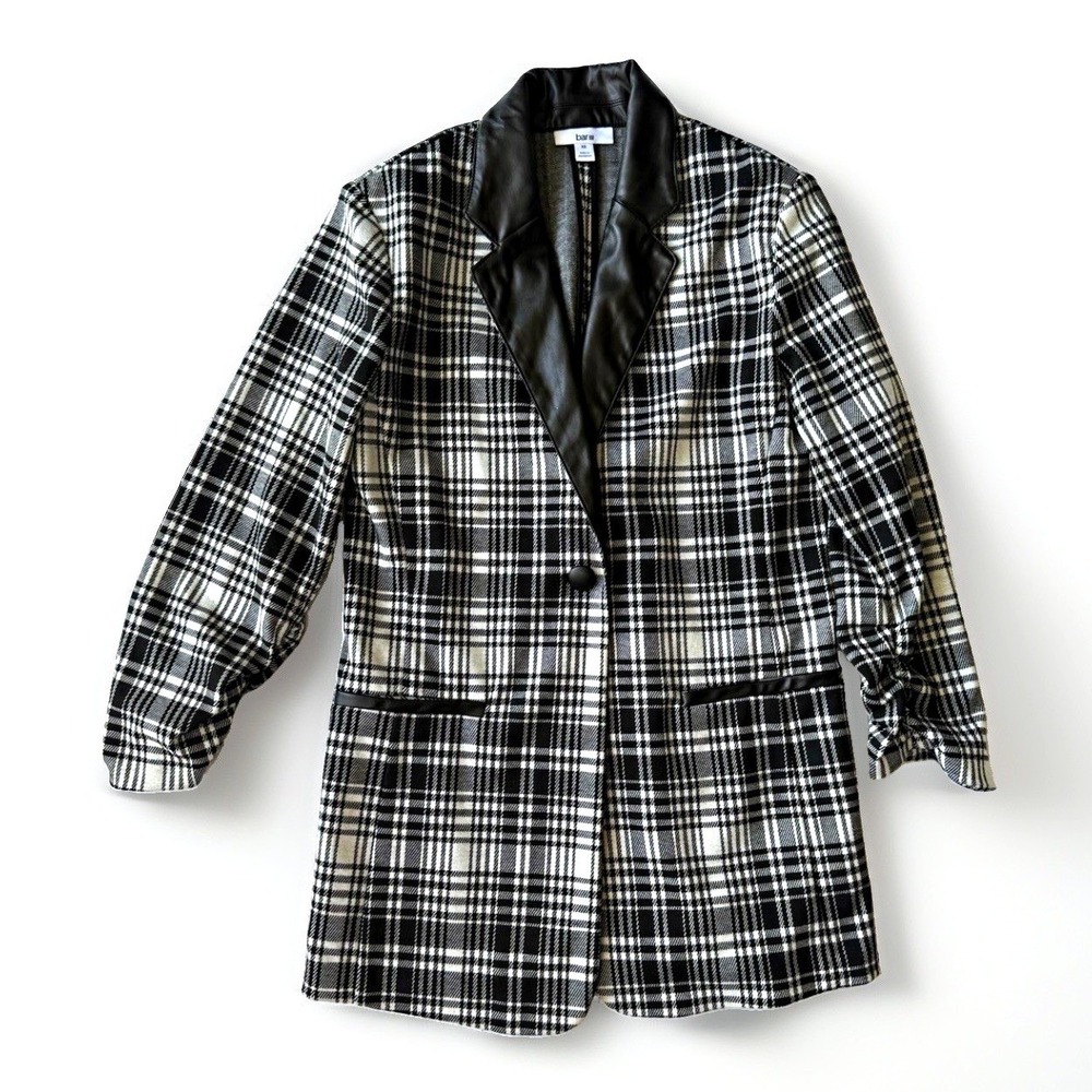 Bar III Women's XS Black/White Plaid Blazer Jacket Faux Leather Lapel Lined